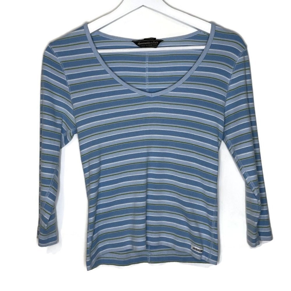 Vintage Abercrombie & Fitch Womens Striped T Shirt Size S 3/4 Sleeve Blue Y2K